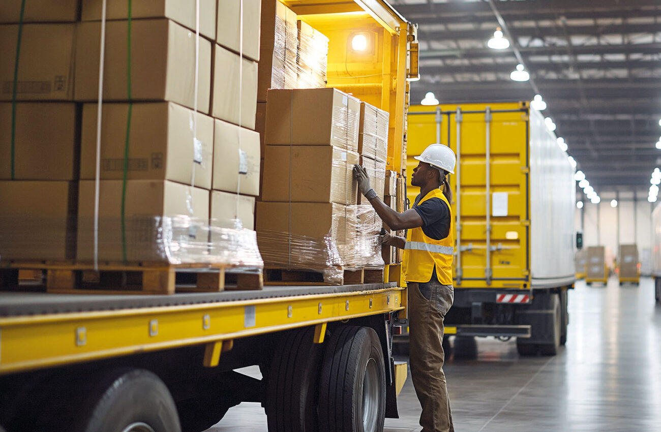 Workers loading boxes into truck. Supply chain, shipment goods s
